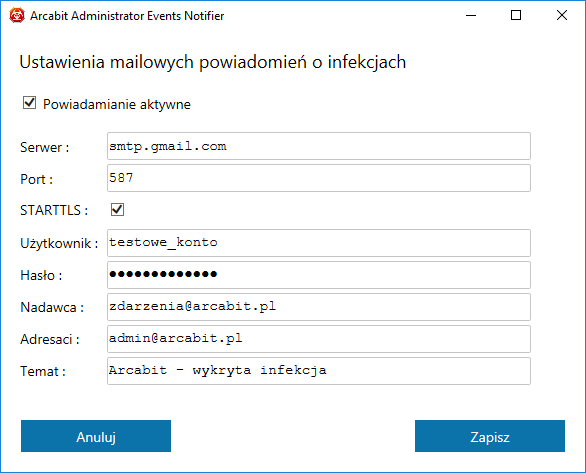 Arcabit Administrator - powiadomienia o infekcjach